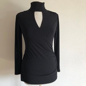 Cache Black Faux Wrap Cut Out Top